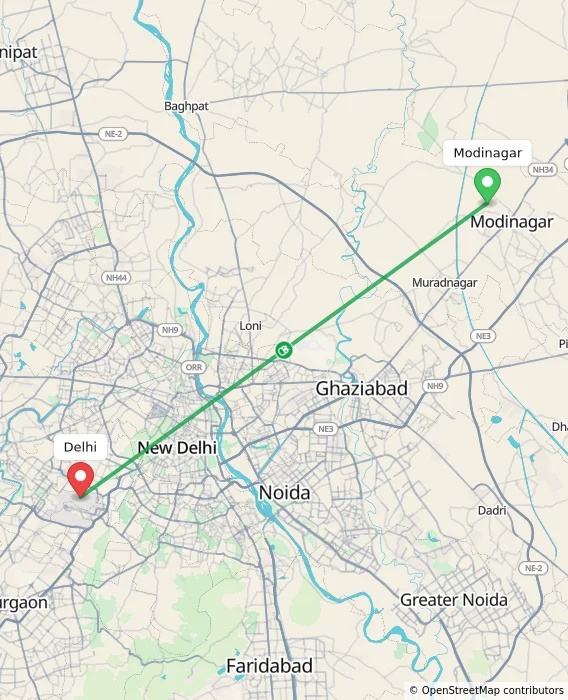 Route map showing distance and travel time from Modinagar, India to Delhi, India
