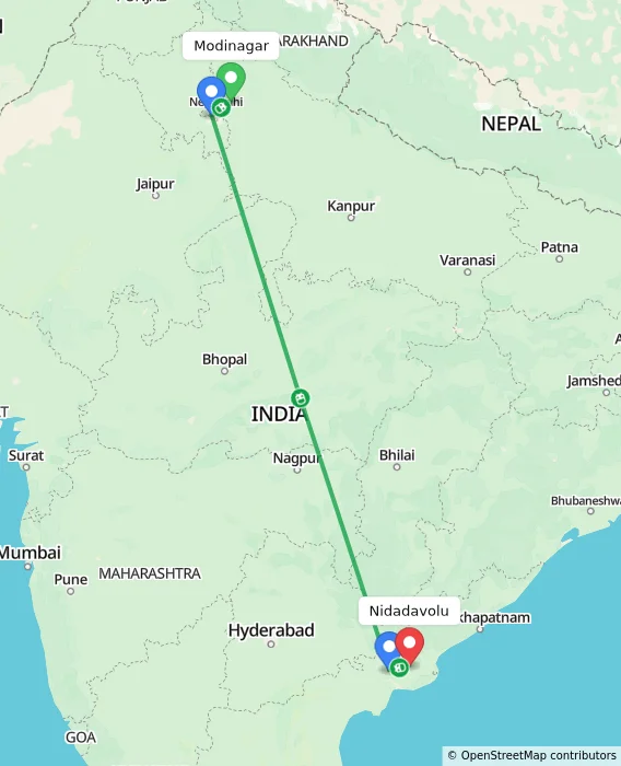 Route map showing distance and travel time from Modinagar, India to Nidadavolu, India