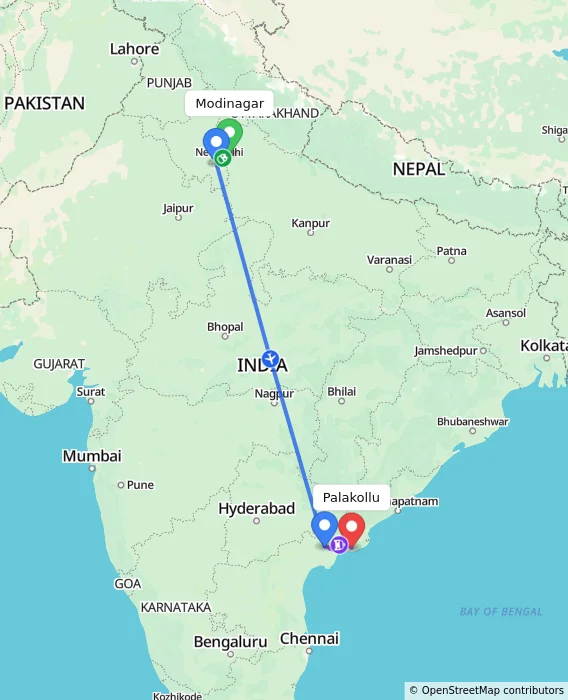 Route map showing distance and travel time from Modinagar, India to Palakollu, India
