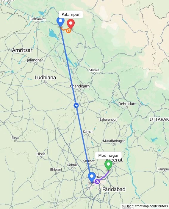 Route map showing distance and travel time from Modinagar, India to Palampur, India