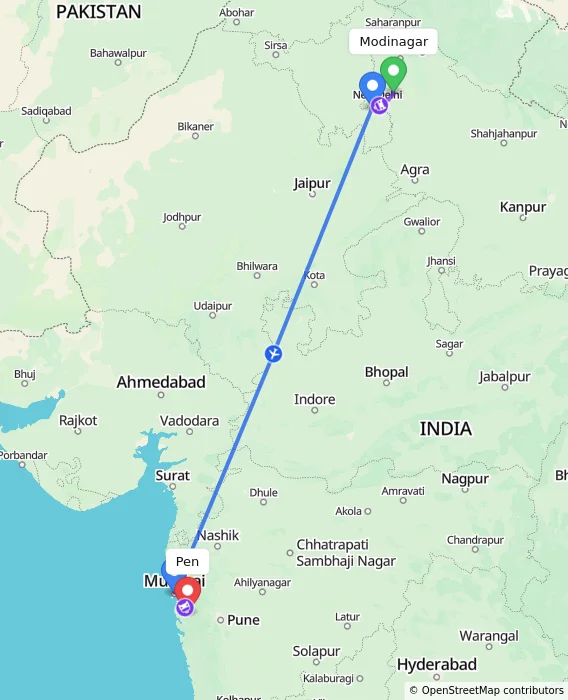 Route map showing distance and travel time from Modinagar, India to Pen, India