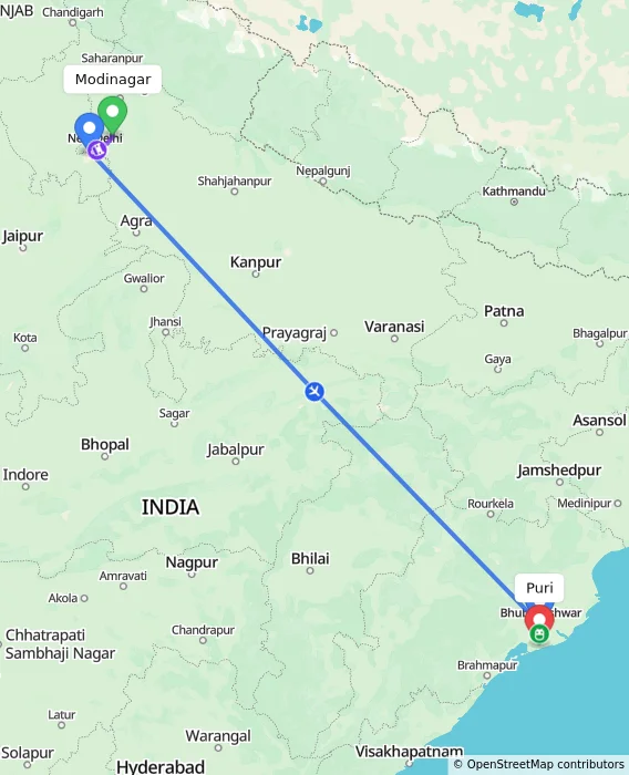 Route map showing distance and travel time from Modinagar, India to Puri, India