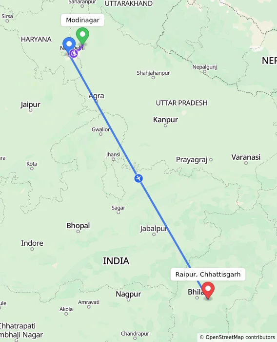 Route map showing distance and travel time from Modinagar, India to Raipur, Chhattisgarh, India