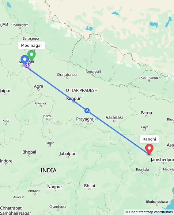 Route map showing distance and travel time from Modinagar, India to Ranchi, India