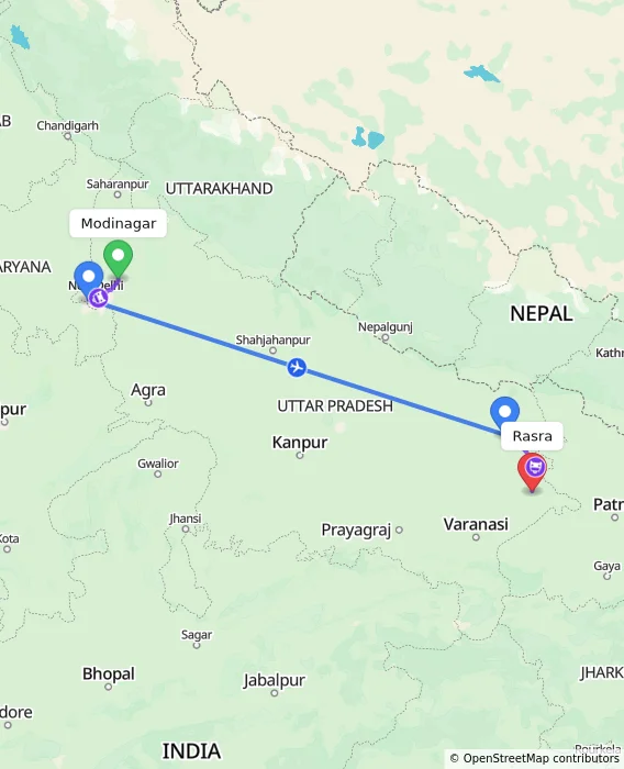 Route map showing distance and travel time from Modinagar, India to Rasra, India