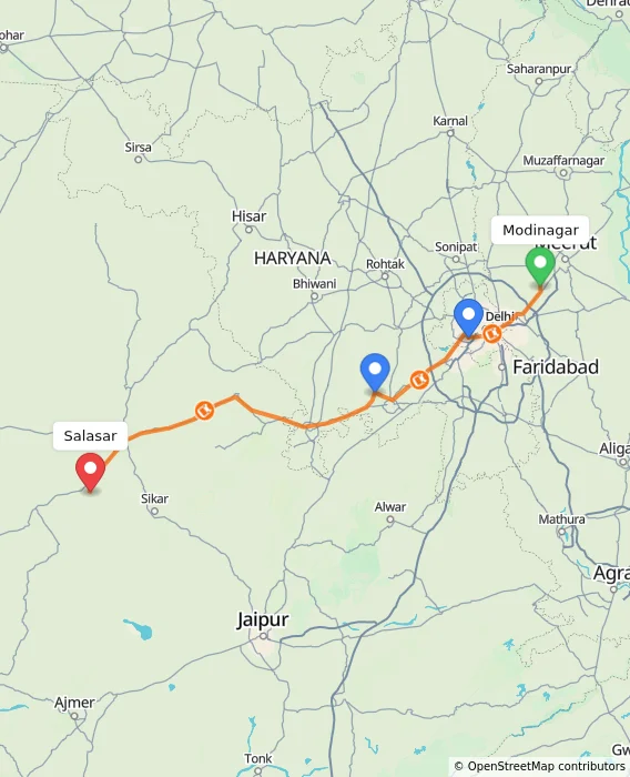 Route map showing distance and travel time from Modinagar, India to Salasar, India
