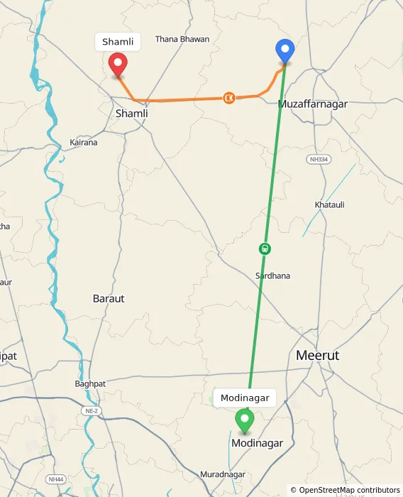 Route map showing distance and travel time from Modinagar, India to Shamli, India