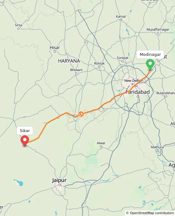 Route map showing distance and travel time from Modinagar, India to Sikar, India
