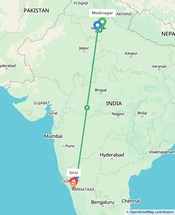 Route map showing distance and travel time from Modinagar, India to Sirsi, India