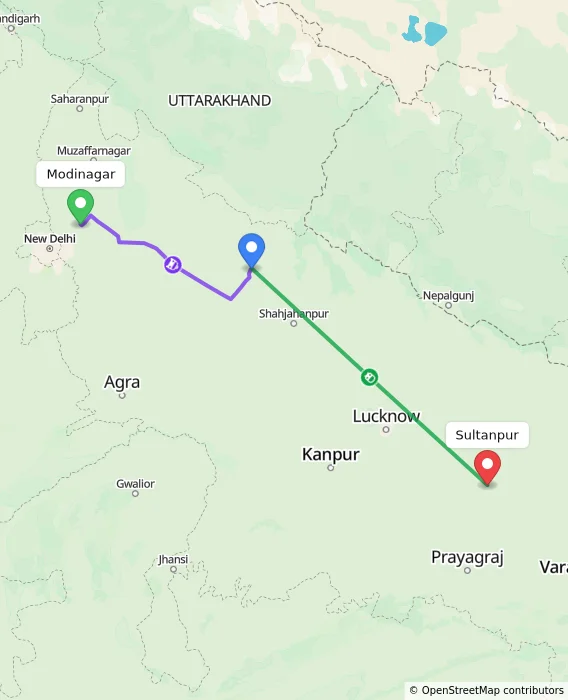 Route map showing distance and travel time from Modinagar, India to Sultanpur, India