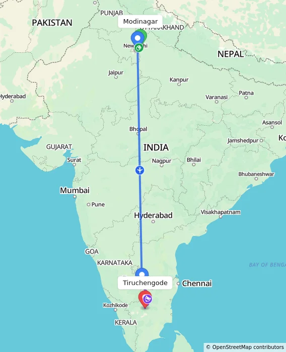 Route map showing distance and travel time from Modinagar, India to Tiruchengode, India