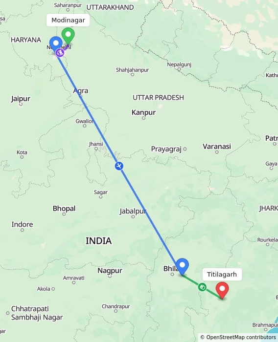 Route map showing distance and travel time from Modinagar, India to Titilagarh, India