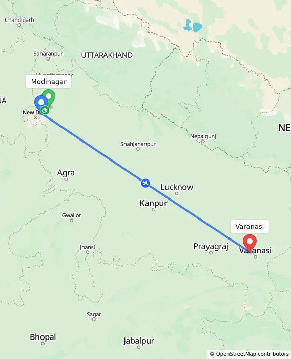 Route map showing distance and travel time from Modinagar, India to Varanasi, India