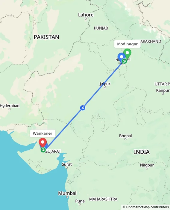 Route map showing distance and travel time from Modinagar, India to Wankaner, India