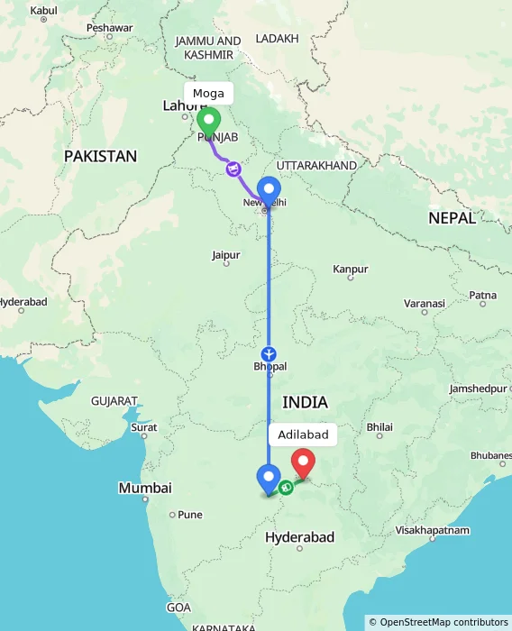 Route map showing distance and travel time from Moga, India to Adilabad, India