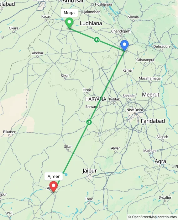 Route map showing distance and travel time from Moga, India to Ajmer, India