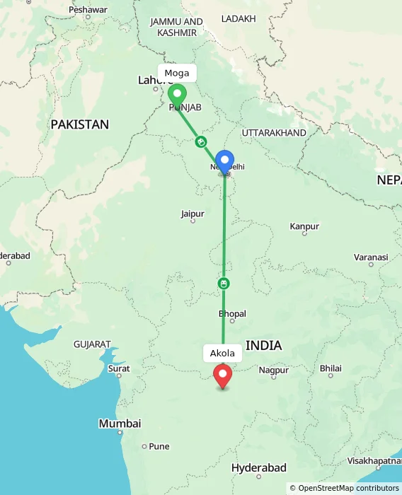 Route map showing distance and travel time from Moga, India to Akola, India