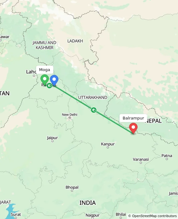 Route map showing distance and travel time from Moga, India to Balrampur, India