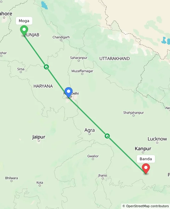 Route map showing distance and travel time from Moga, India to Banda, India