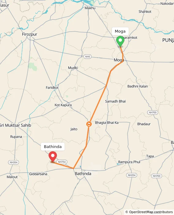 Route map showing distance and travel time from Moga, India to Bathinda, India