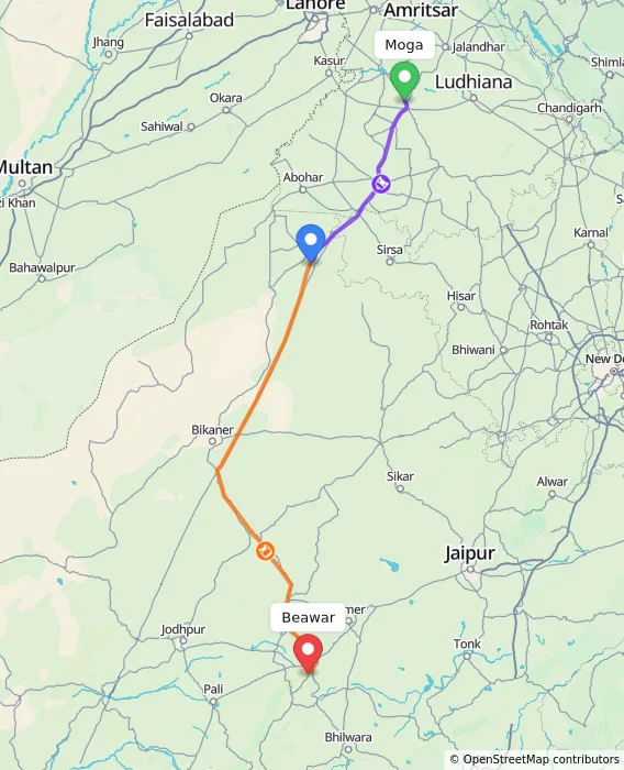 Route map showing distance and travel time from Moga, India to Beawar, India