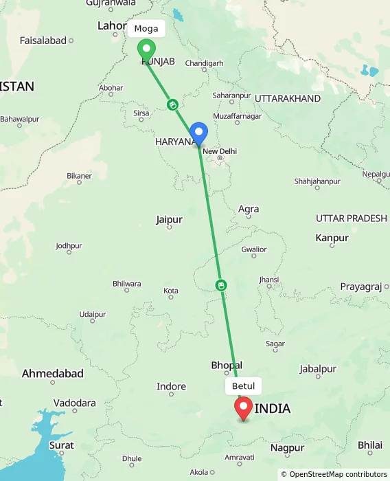 Route map showing distance and travel time from Moga, India to Betul, India