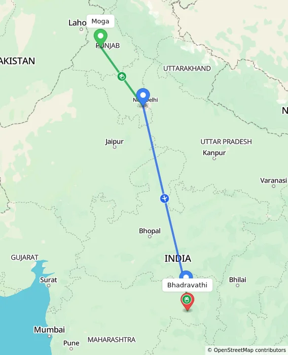 Route map showing distance and travel time from Moga, India to Bhadravathi, India