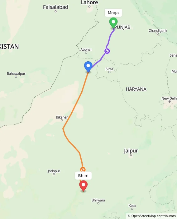 Route map showing distance and travel time from Moga, India to Bhim, India