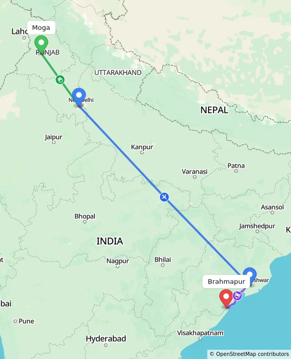 Route map showing distance and travel time from Moga, India to Brahmapur, India