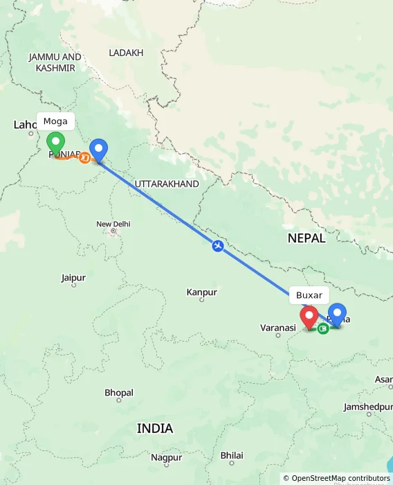 Route map showing distance and travel time from Moga, India to Buxar, India