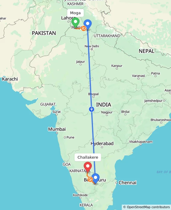 Route map showing distance and travel time from Moga, India to Challakere, India