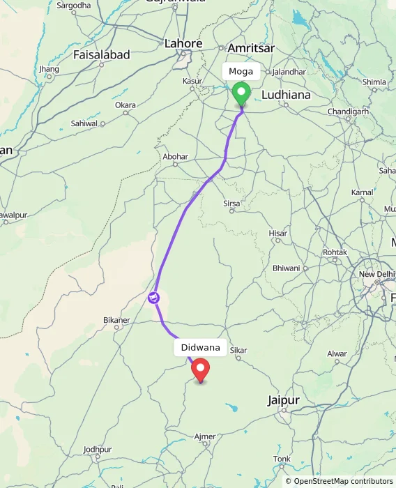 Route map showing distance and travel time from Moga, India to Didwana, India