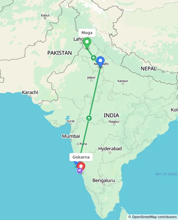 Route map showing distance and travel time from Moga, India to Gokarna, India