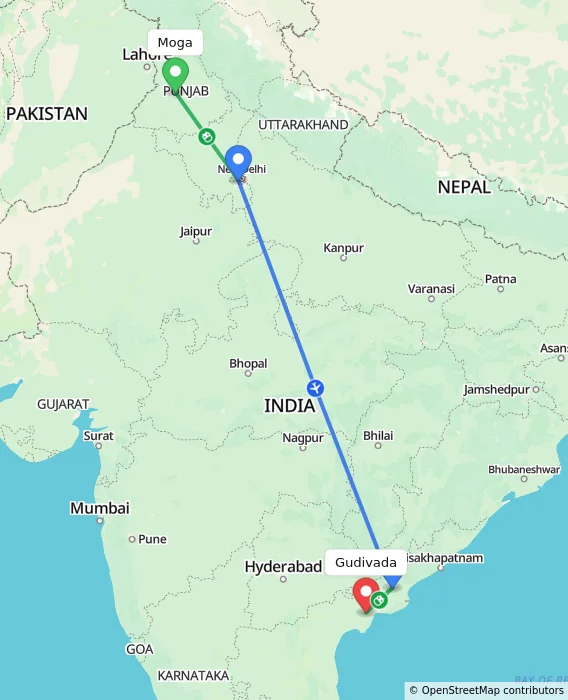 Route map showing distance and travel time from Moga, India to Gudivada, India