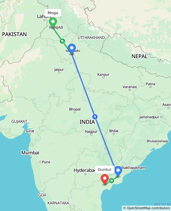 Route map showing distance and travel time from Moga, India to Guntur, India