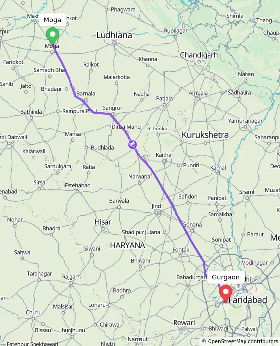 Route map showing distance and travel time from Moga, India to Gurgaon, India