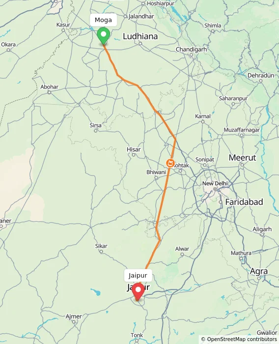 Route map showing distance and travel time from Moga, India to Jaipur, India