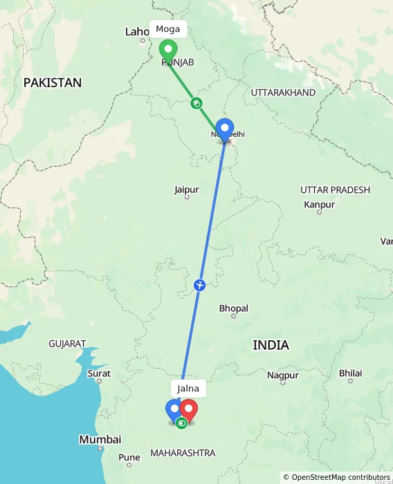 Route map showing distance and travel time from Moga, India to Jalna, India