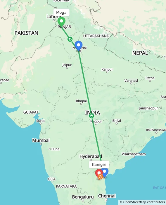 Route map showing distance and travel time from Moga, India to Kanigiri, India