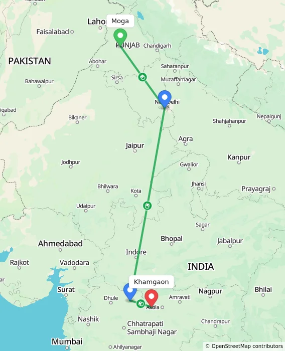 Route map showing distance and travel time from Moga, India to Khamgaon, India