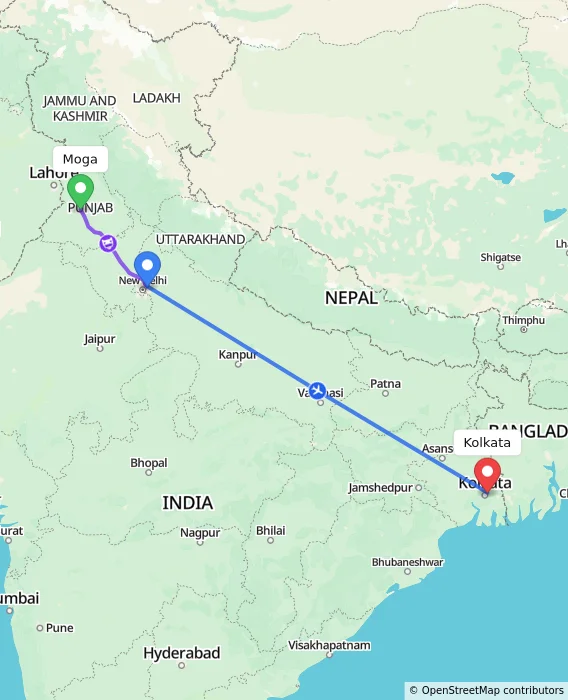 Route map showing distance and travel time from Moga, India to Kolkata, India