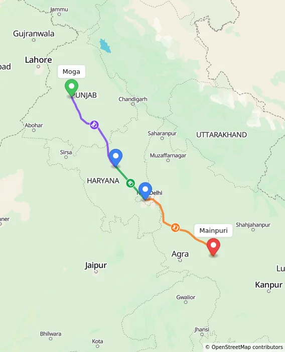 Route map showing distance and travel time from Moga, India to Mainpuri, India