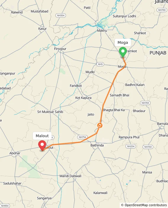 Route map showing distance and travel time from Moga, India to Malout, India