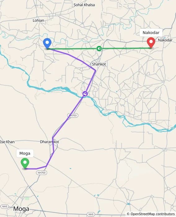 Route map showing distance and travel time from Moga, India to Nakodar, India