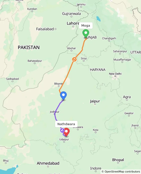 Route map showing distance and travel time from Moga, India to Nathdwara, India