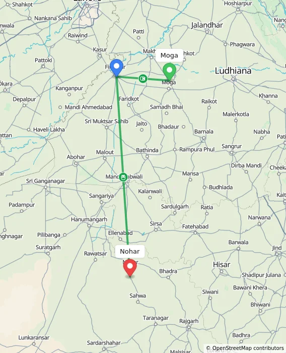 Route map showing distance and travel time from Moga, India to Nohar, India