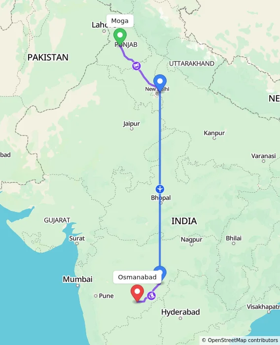 Route map showing distance and travel time from Moga, India to Osmanabad, India