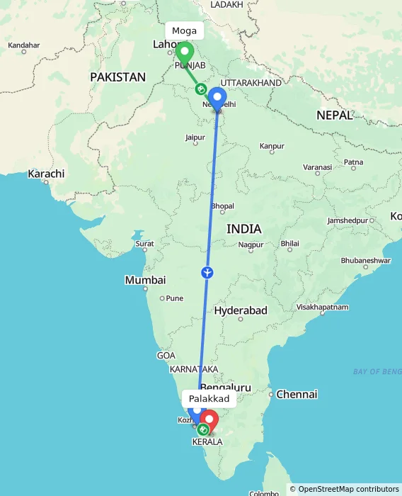Route map showing distance and travel time from Moga, India to Palakkad, India