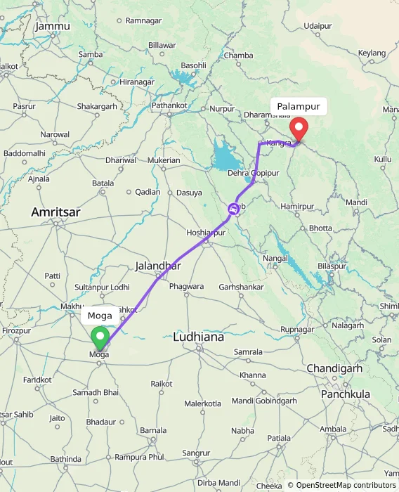 Route map showing distance and travel time from Moga, India to Palampur, India