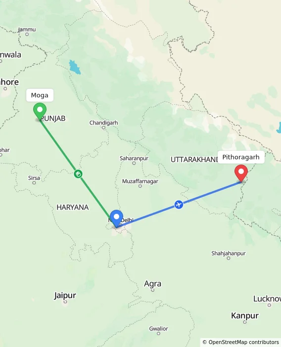 Route map showing distance and travel time from Moga, India to Pithoragarh, India